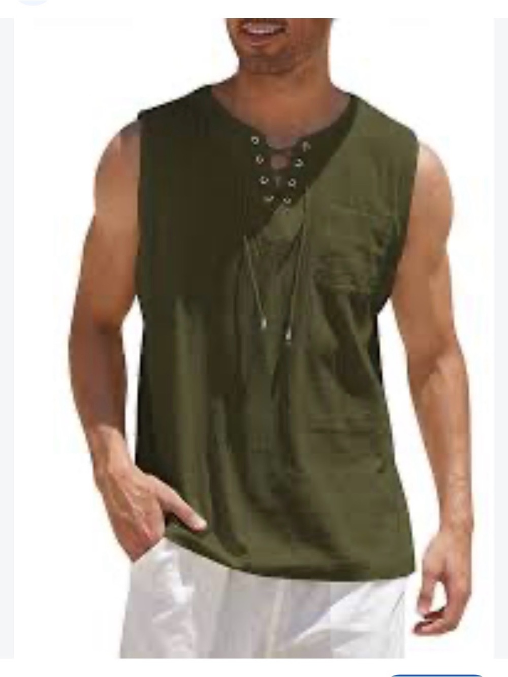 Coofandy - Men's Olive Green Sleeveless Lace-Up Casual Shirt
